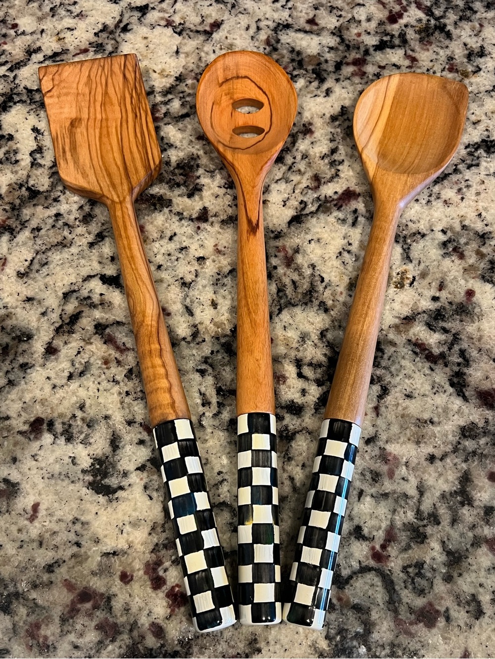 Mackenzie-Childs Courtly Check Olive Wood Utensils. Set of 3.  One w/ flaw.